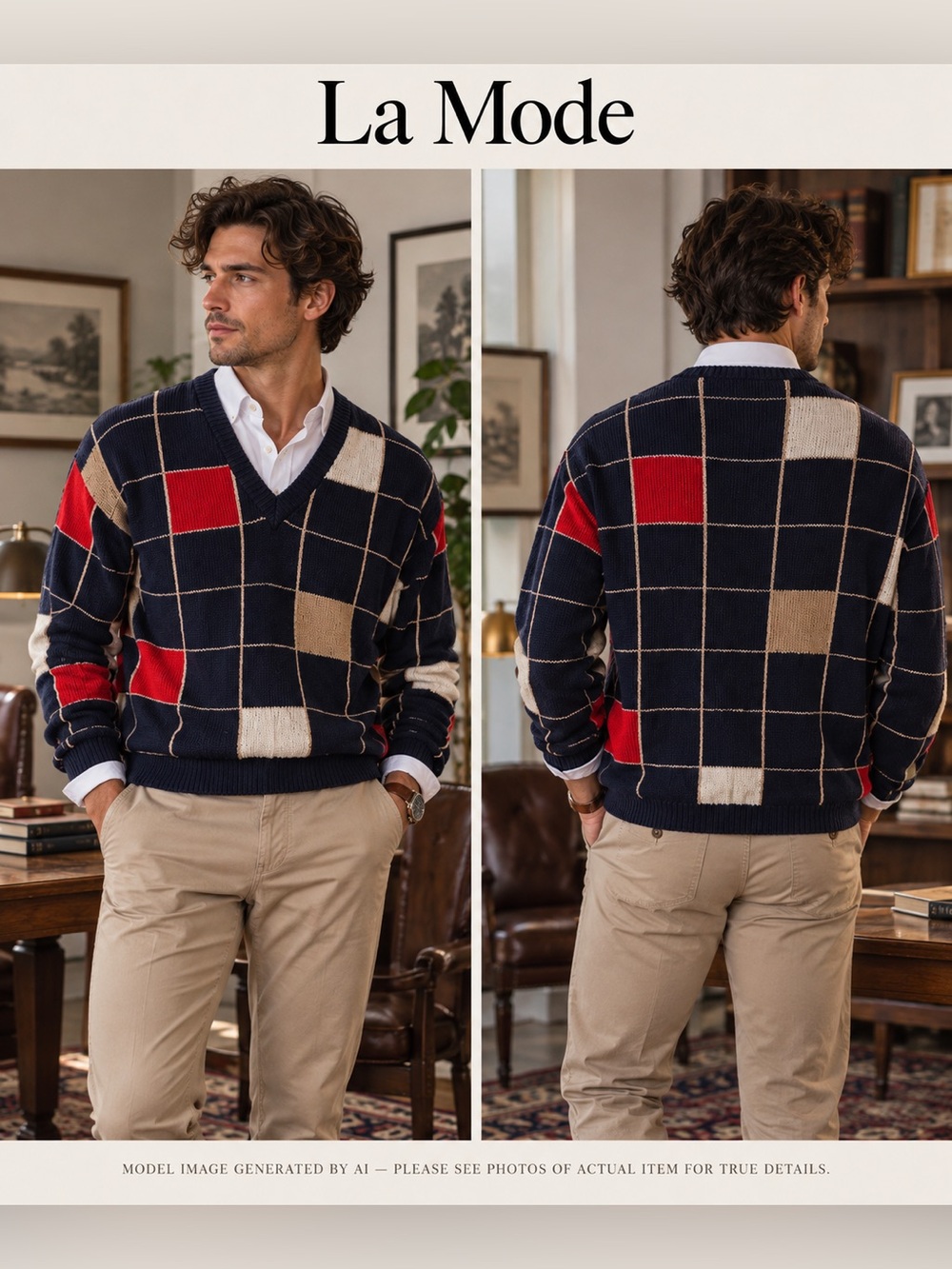 La Mode‎ Vintage Cotton Sweater Windowpane Grid Geometric Colorblock V-Neck Med